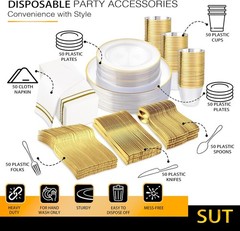 SUT 350Pcs Plastic Dinnerware Set for 50 Guests, Clear and Gold Plastic Plates