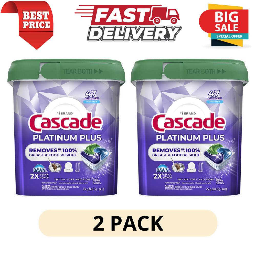 (2 Pack) Cascade Platinum Plus Dishwasher Pods Fresh Scent 47 Count Detergent