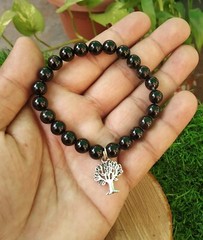 Natural Black Tourmaline Bracelet with Tree Charm – Stretchable, 8mm Beads