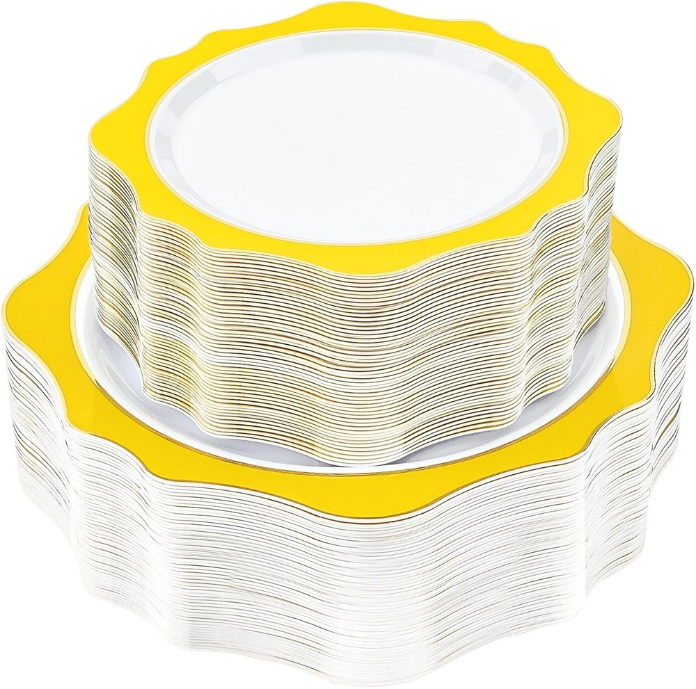 realluck 100 PCS White and Yellow Disposable Plates for 50 Guests, Scalloped P