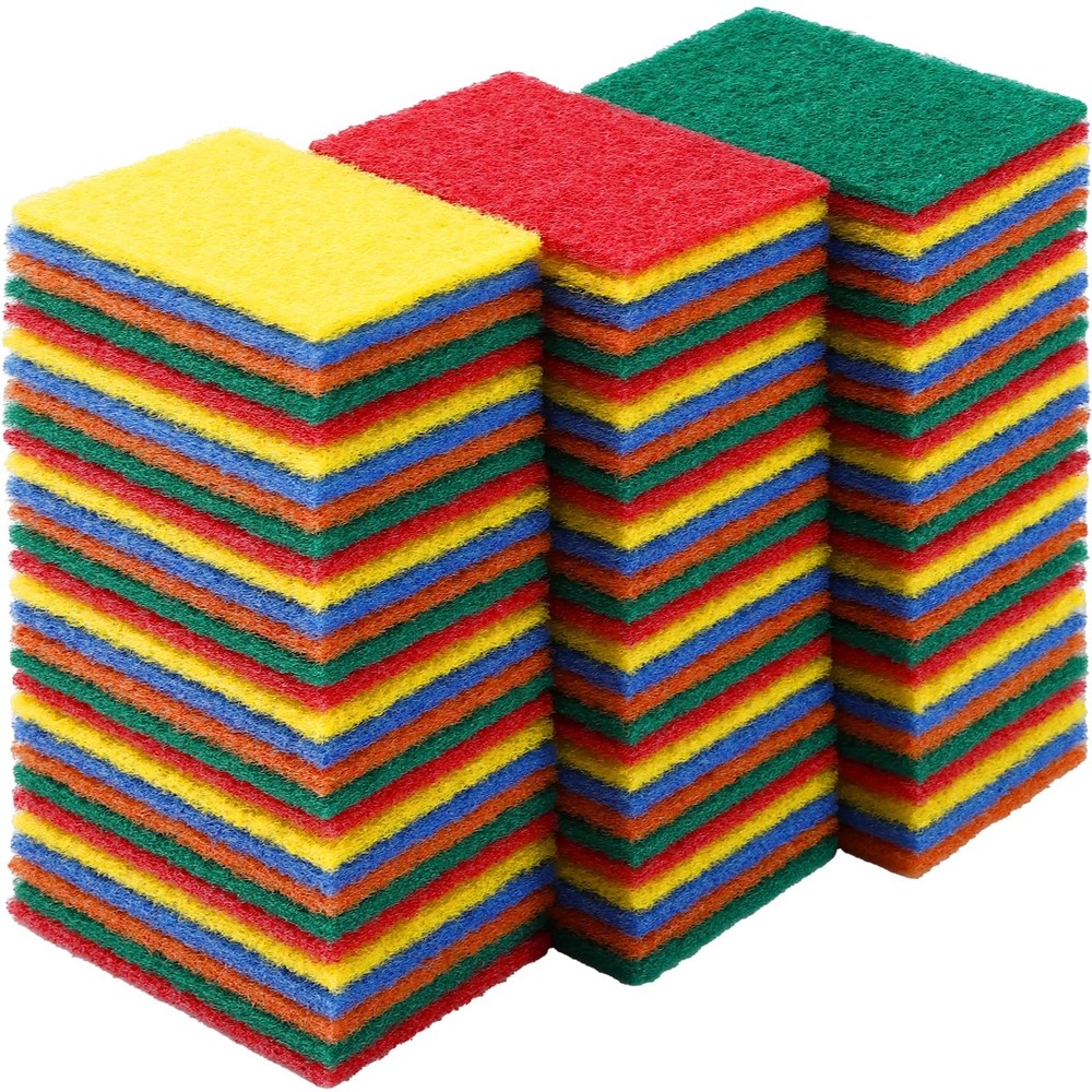 100 PCS Heavy Duty Scouring Pads 4.3 x 3 x 0.3 In Non Scratch Dish Multicolor