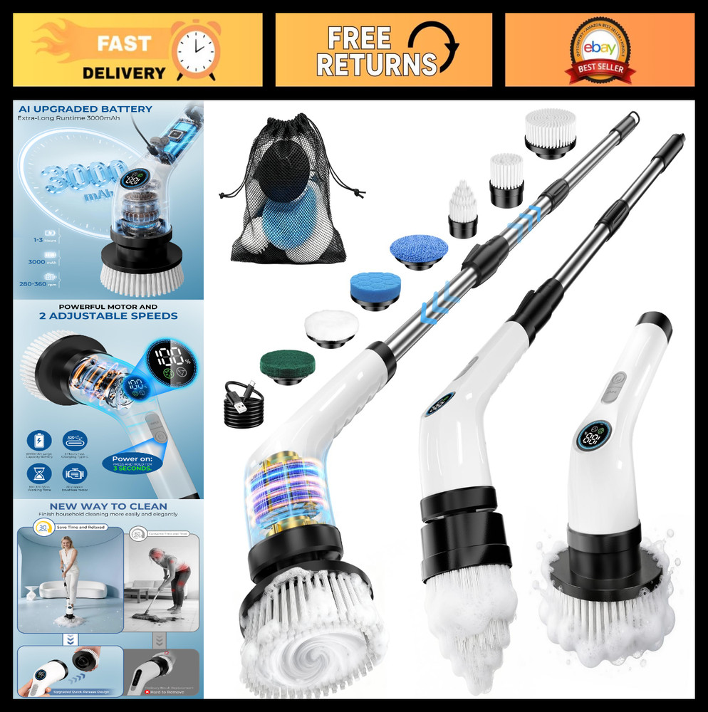 Rechargeable Electric Spin Scrubber with 7 Brush Heads, IPX7 Waterproof, 2-Speed