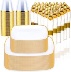 Sylans 350PCS Square Disposable Dinnerware Set for 50 Guests, Gold Plastic Pla