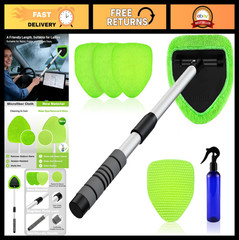 24″ Windshield Cleaner Tool – Extendable Handle, 4 Microfiber Pads, Auto Wiper B
