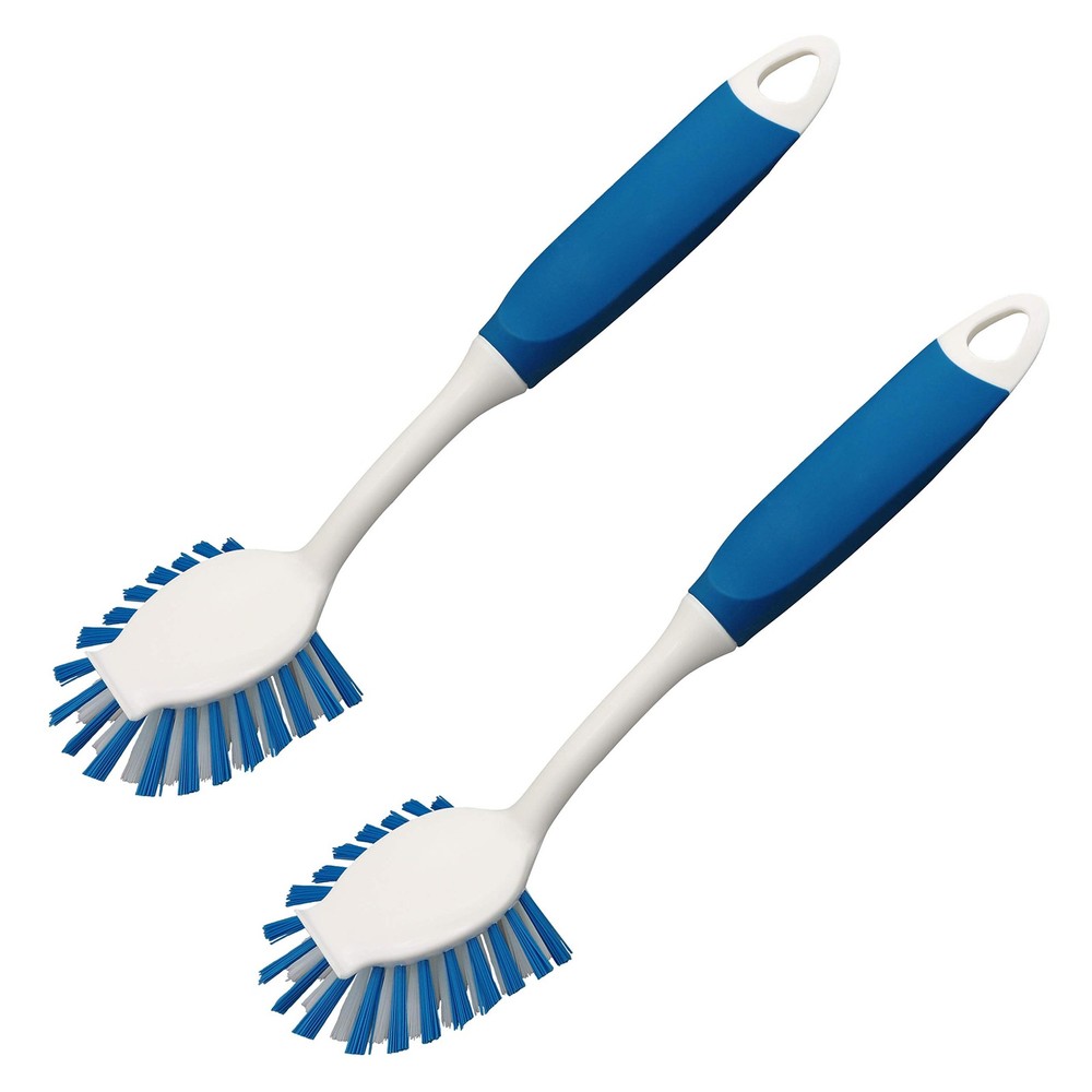 2 Pack Kitchen Dish Brushes With Scraper Durable Nylon Bristles Long Handle