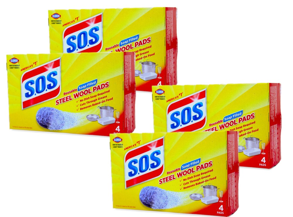 Clorox S.O.S. Steel Wool Soap Pads Reusable with Anti-Rust Protection 4 Ct 4 Pk