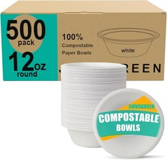 JINVOGREEN 500 Count 12 oz Paper Bowls, Disposable Compostable Bowls Bulk, Hea