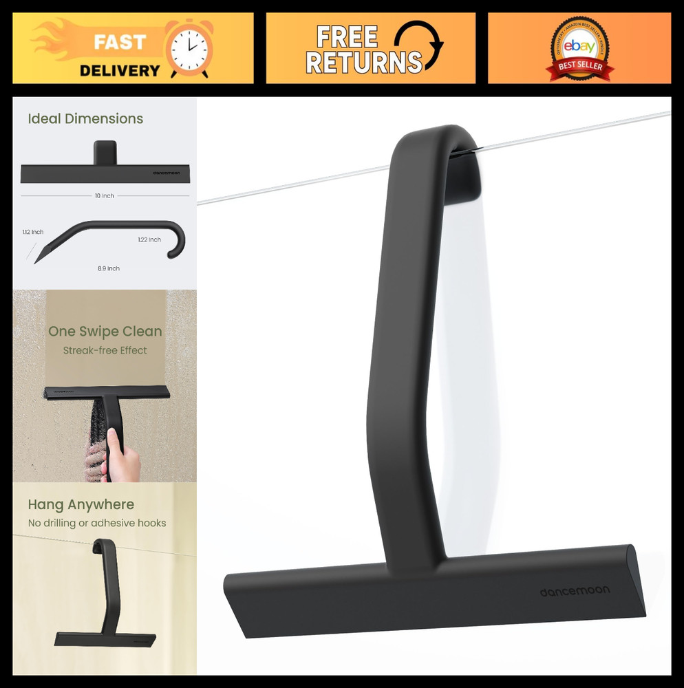 10-Inch Shower Squeegee with Hook – Soft-Touch Silicone for Glass, Bathroom, Til