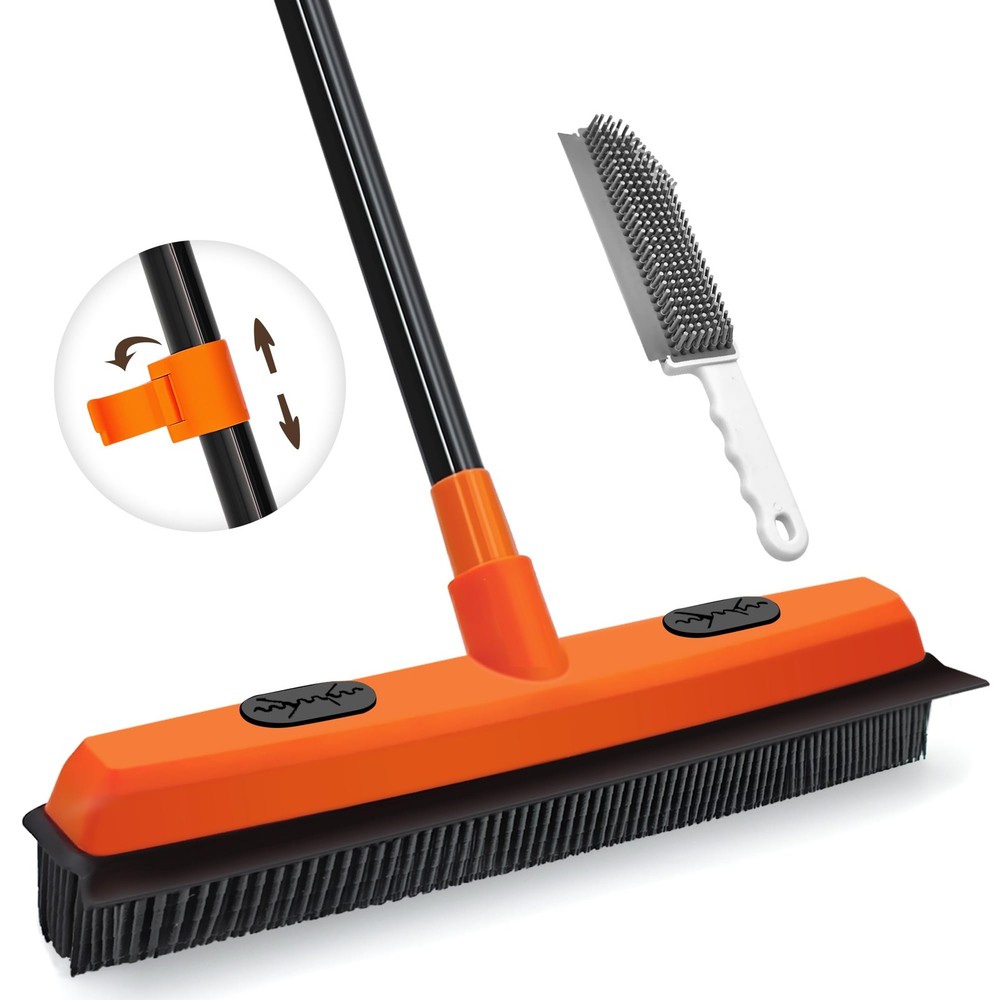 Rubber Broom Carpet Rake for Pet Hair Remover, Fur Removal with Squeegee, Por…