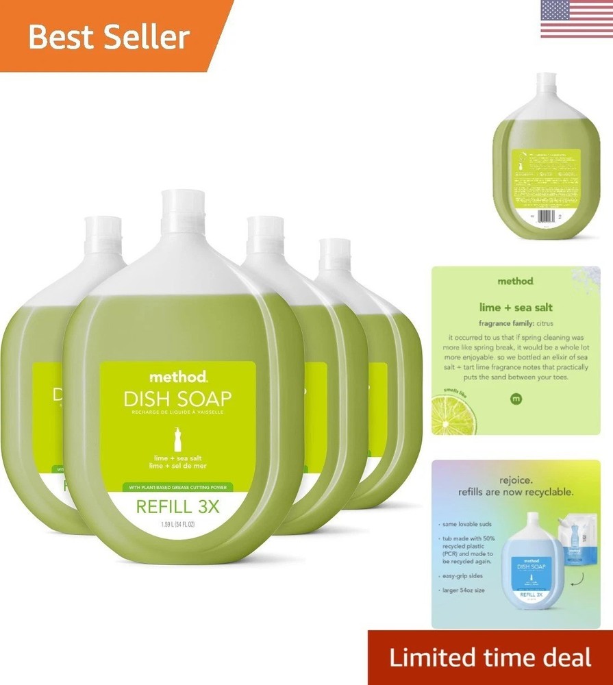 Eco-Friendly Dish Soap Refill Pack of 4, Plant-Based Gel, Powerful Grease Cutter