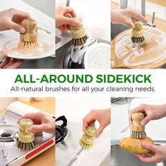 Bamboo Dish Brush Set of 3-100% Plastic Free Kitchen Scrubber with Medium Stiff