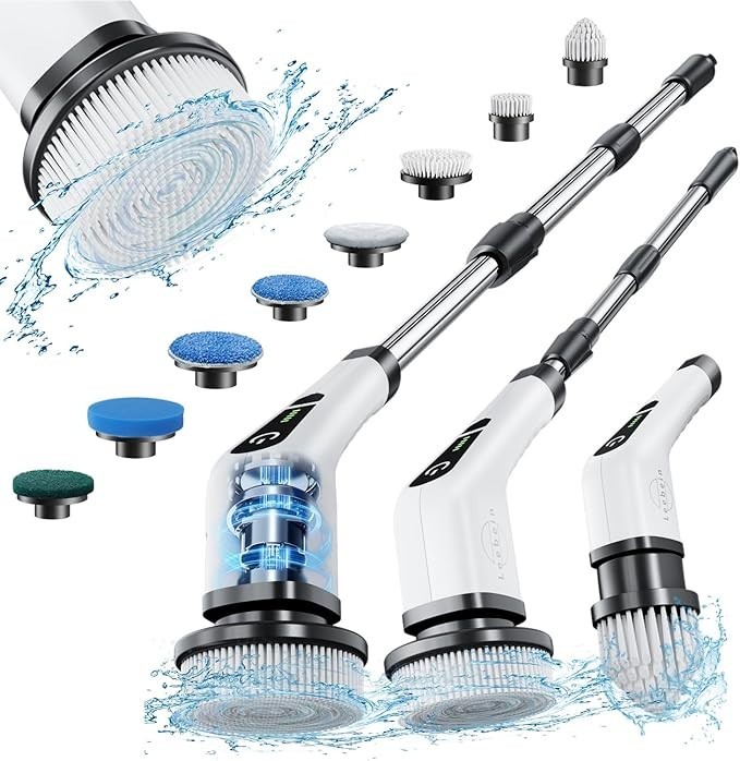 Cordless Electric Spin Scrubber Cleaning Brush with 8 Heads for Bathroom Kitchen