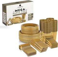 720 Piece Gold Disposable Dinnerware Set (120 Guests) Plastic Dinnerware Set D