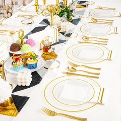 SUT 350Pcs Plastic Dinnerware Set for 50 Guests, Clear and Gold Plastic Plates