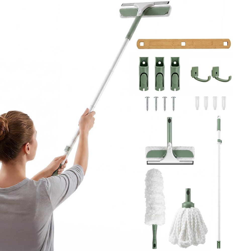 DEANIC 4-in-1 Window Squeegee Duster Mop with Holder Wall Mount Set