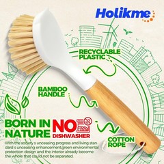 3 Pack Dish Brush Set with Bamboo Handle, Kitchen Brushes for Cleaning Pot, Sin