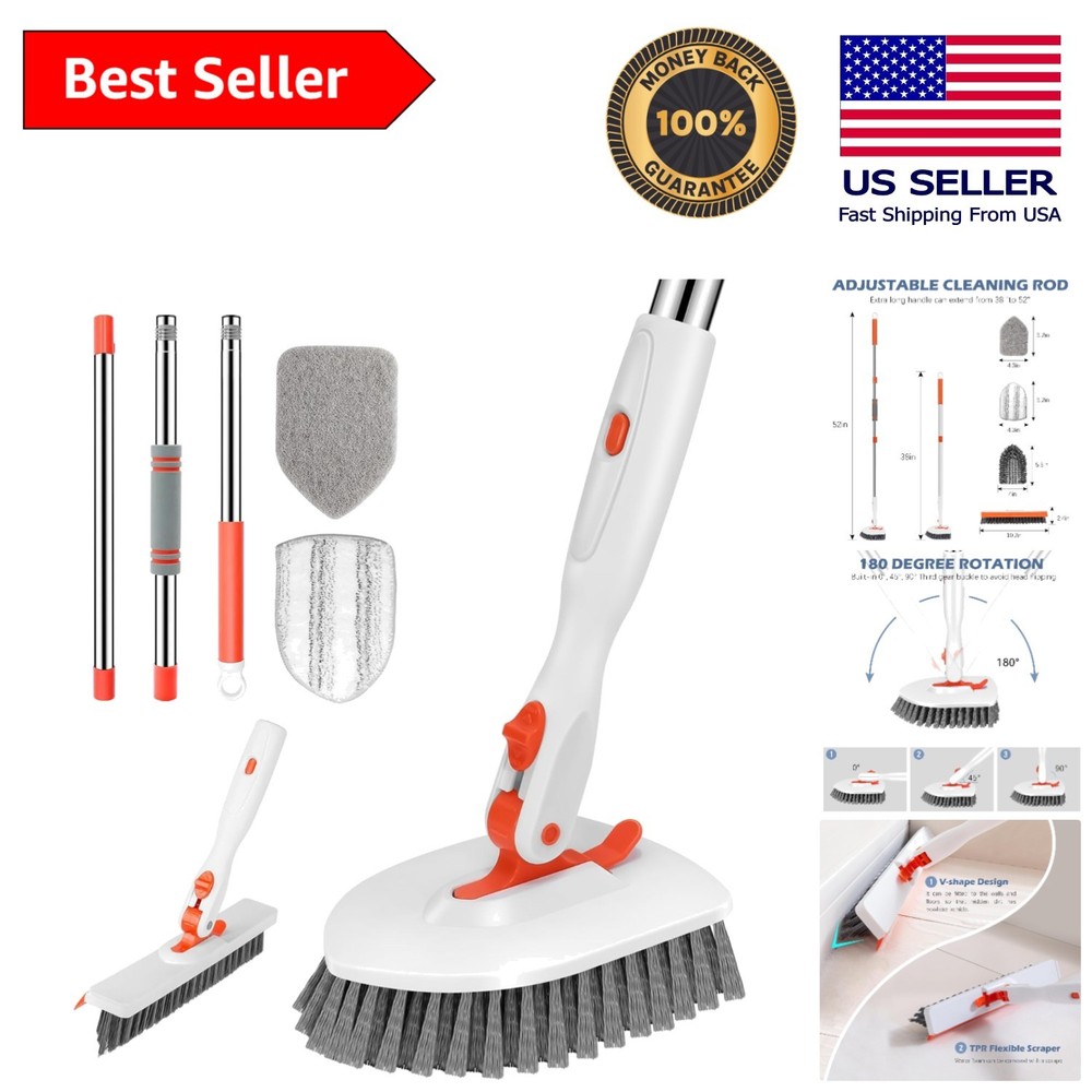 Effortless 52-Inch Floor Scrubber with V-Shaped Grout Brush & Detachable Heads