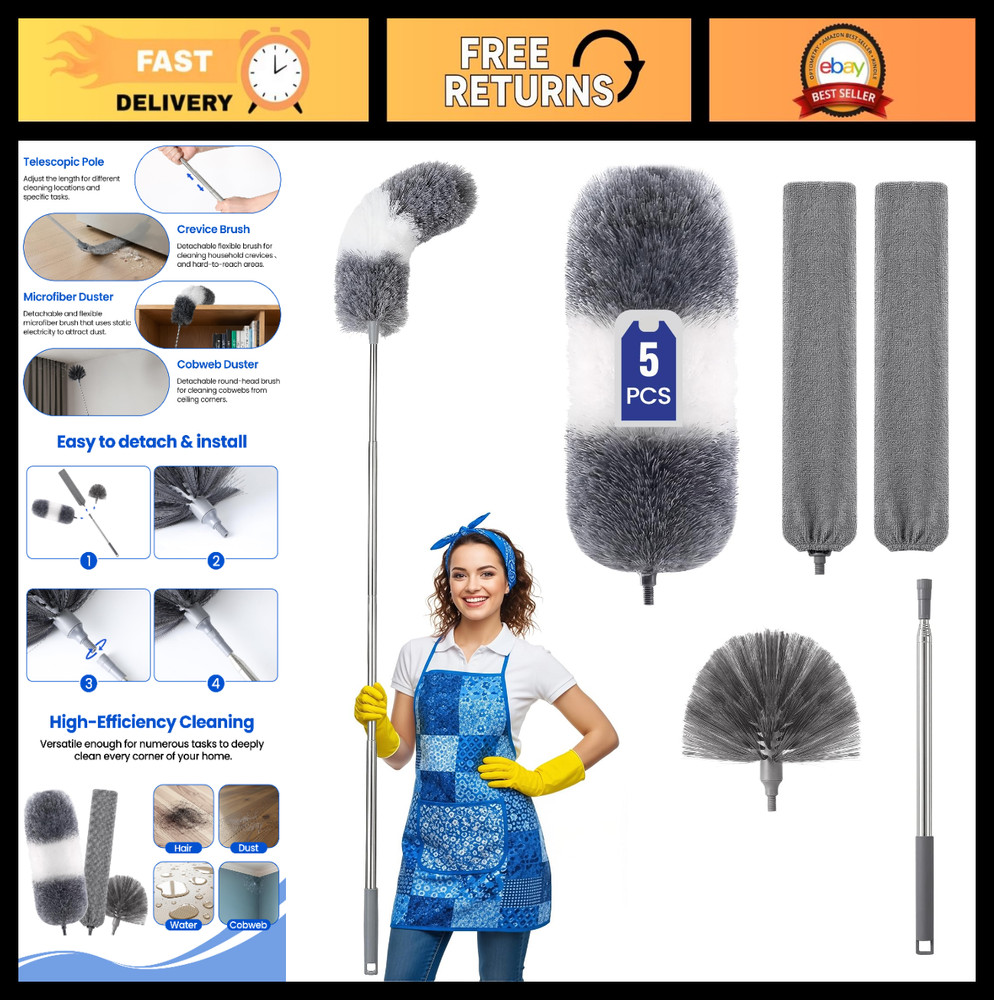 Extra-Long Duster Kit with Extendable Pole, 5-in-1 Cleaning Tools for High Ceili