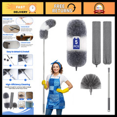 Extra-Long Duster Kit with Extendable Pole, 5-in-1 Cleaning Tools for High Ceili