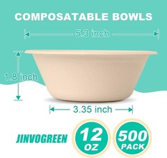 JINVOGREEN 500 Count 12 oz Paper Bowls, Disposable Compostable Bowls Bulk, Hea
