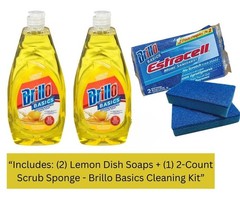 Brillo Basics Lemon Dish Soap (2-Pack) + Scrub Sponge – 3-Piece Cleaning Kit