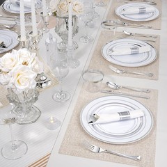 175 PCS White and Silver Plastic Dinnerware Set for 25 Guests, 50 Disposable P