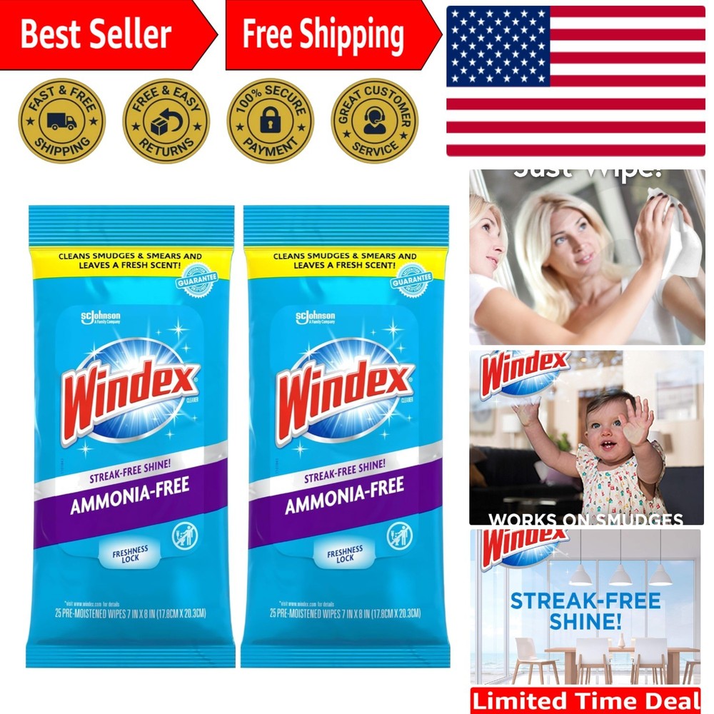 Ammonia-Free Pre-Moistened Glass Wipes – Fresh Crystal Rain Scent, 50 Count
