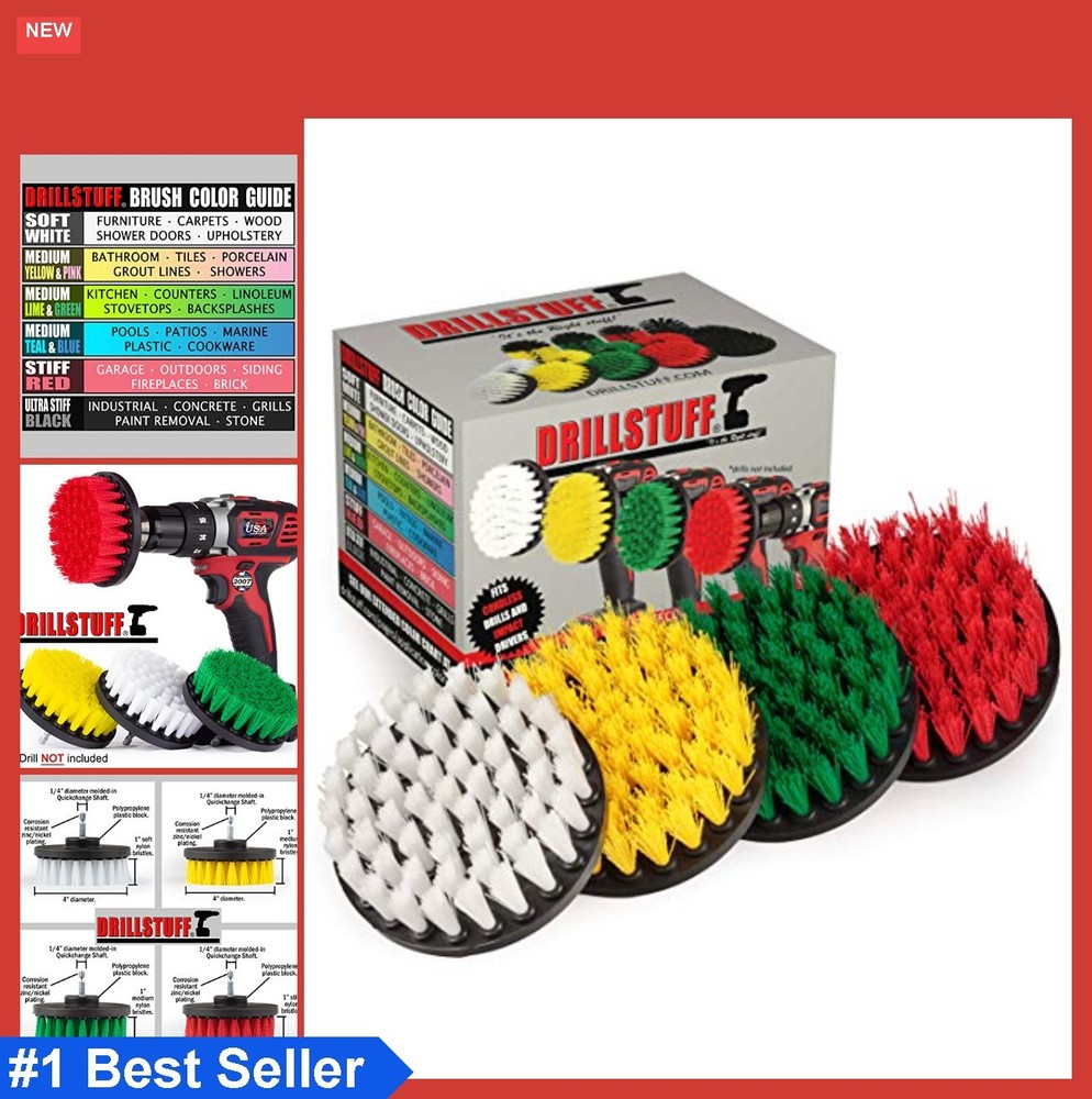 Drill Brush Attachment Power Scrubber Set 4 Piece Soft Medium Stiff Nylon