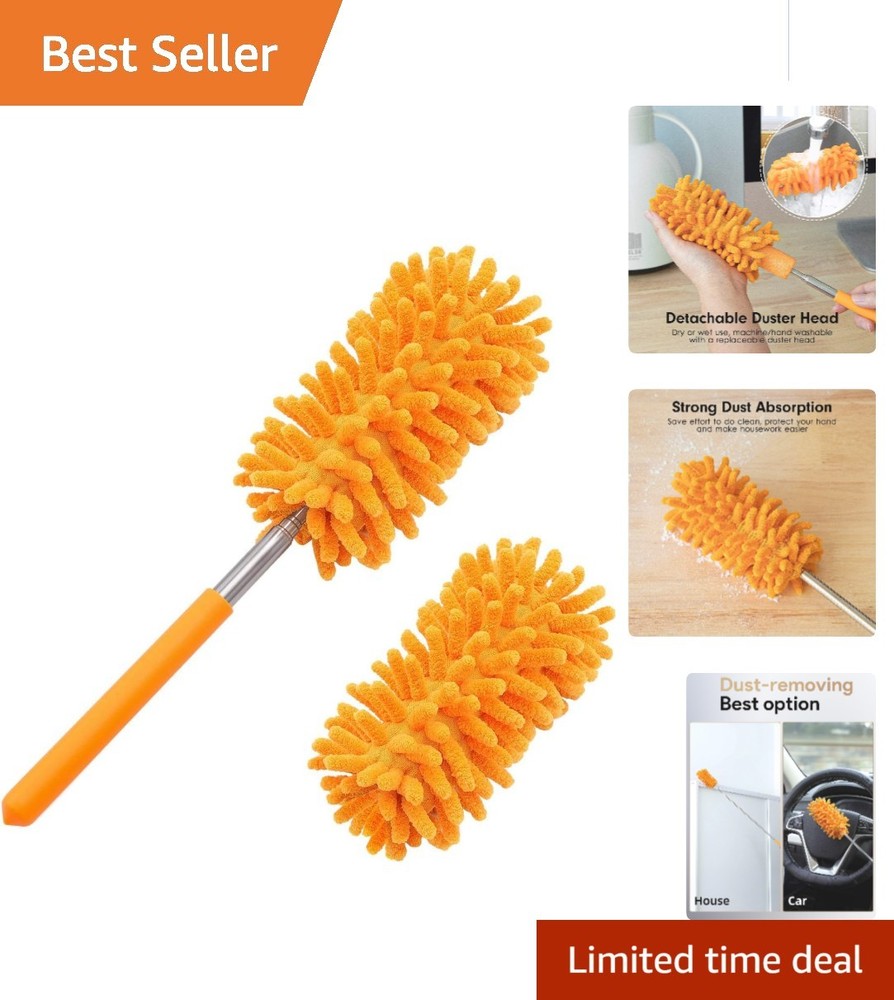 Microfiber Duster for Deep Cleaning – 2 Washable Heads & Extendable Pole