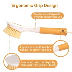 Cooptop 3 Pack Dish Brush Set with Bamboo Handle, Dish Scrubber Built-in Scra…