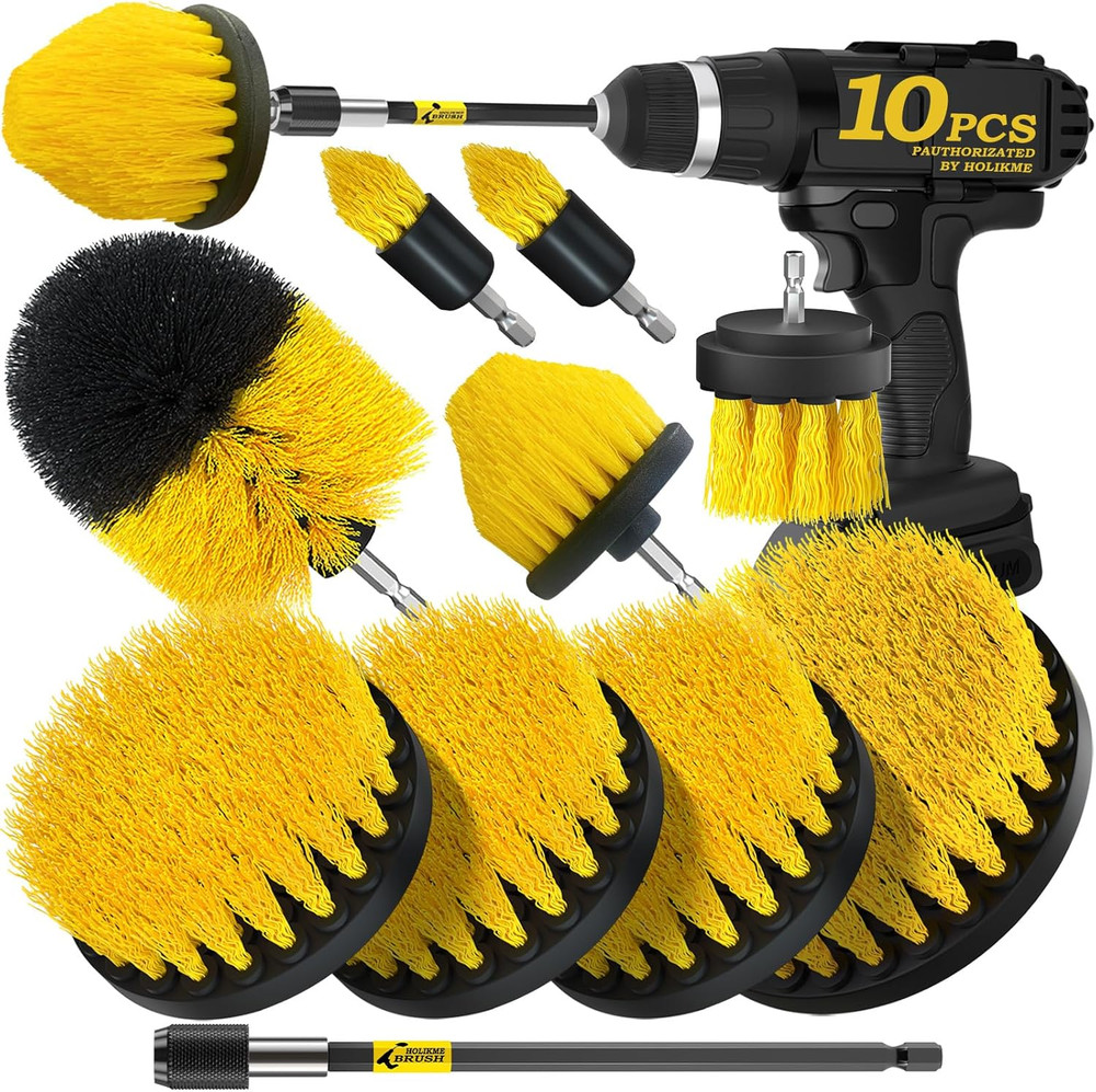 10 Piece Drill Brush Attachment Set Power Scrubber Yellow Extension (64