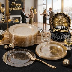Liacere 100Pieces Gold Plastic Plates-Disposable Gold Glitter Plates-10.25inch