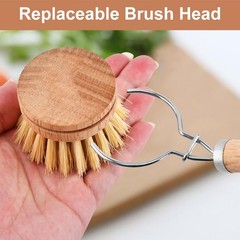Bamboo Dish Brush Set, 1 Wooden Handle with 3 Natural Bristle Heads All Purpo…