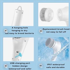 Cordless Electric Spin Scrubber, Rechargeable Turbo Cleaner with 5 Brush Heads