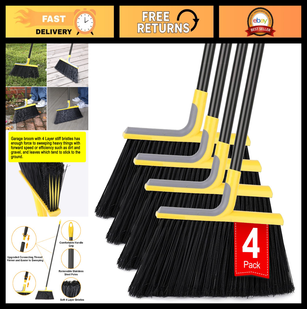 4 Pack Heavy-Duty Outdoor Brooms with 58″ Handle for Indoor/Outdoor Cleaning