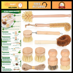 8 Pcs Bamboo Dish Brushes Set – Natural Sisal Bristles, Long Handle Scrubbers fo