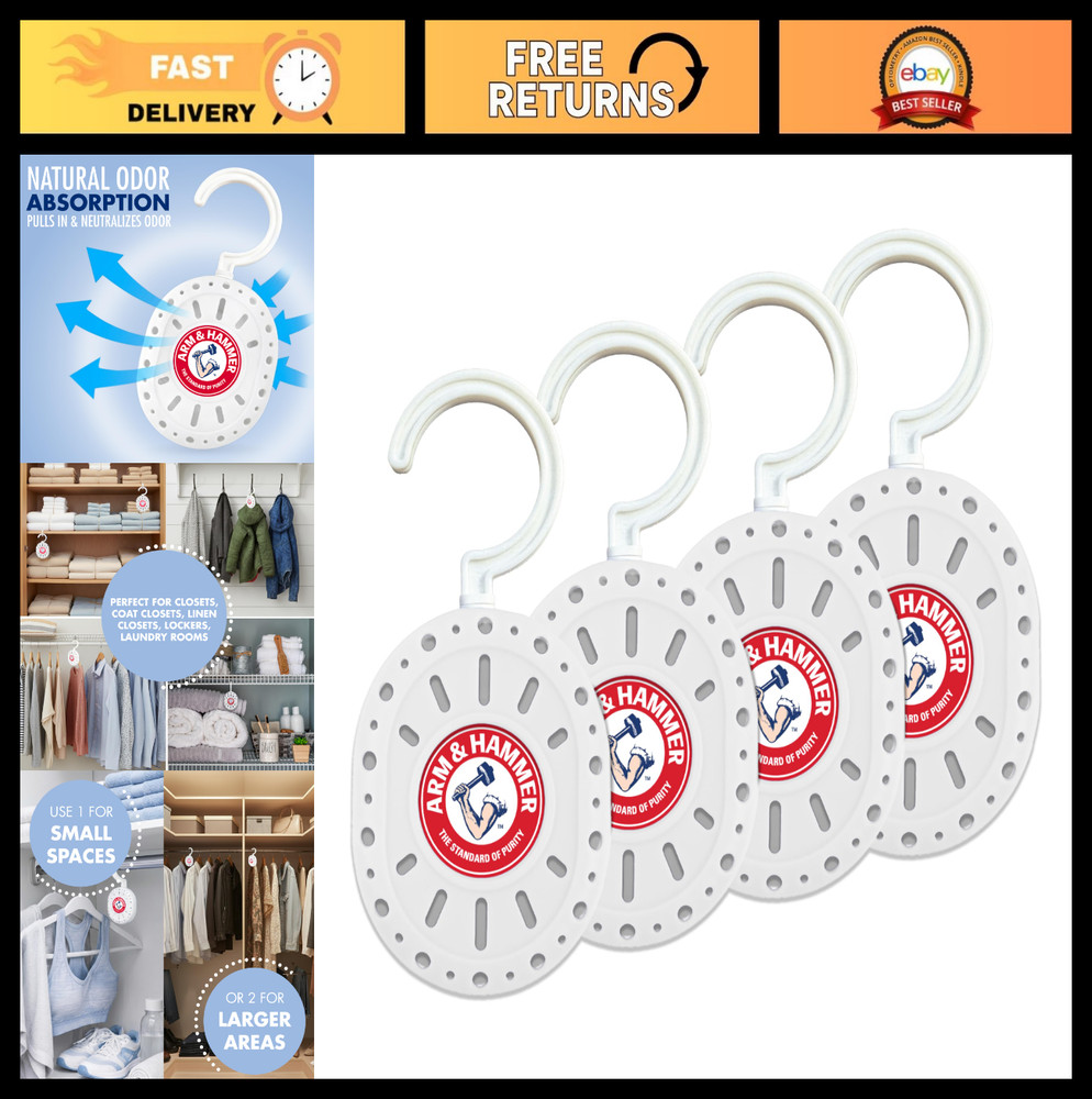 Odor Absorber Hanging Freshener, 4 Count – Baking Soda, 360° Hook for Closets &