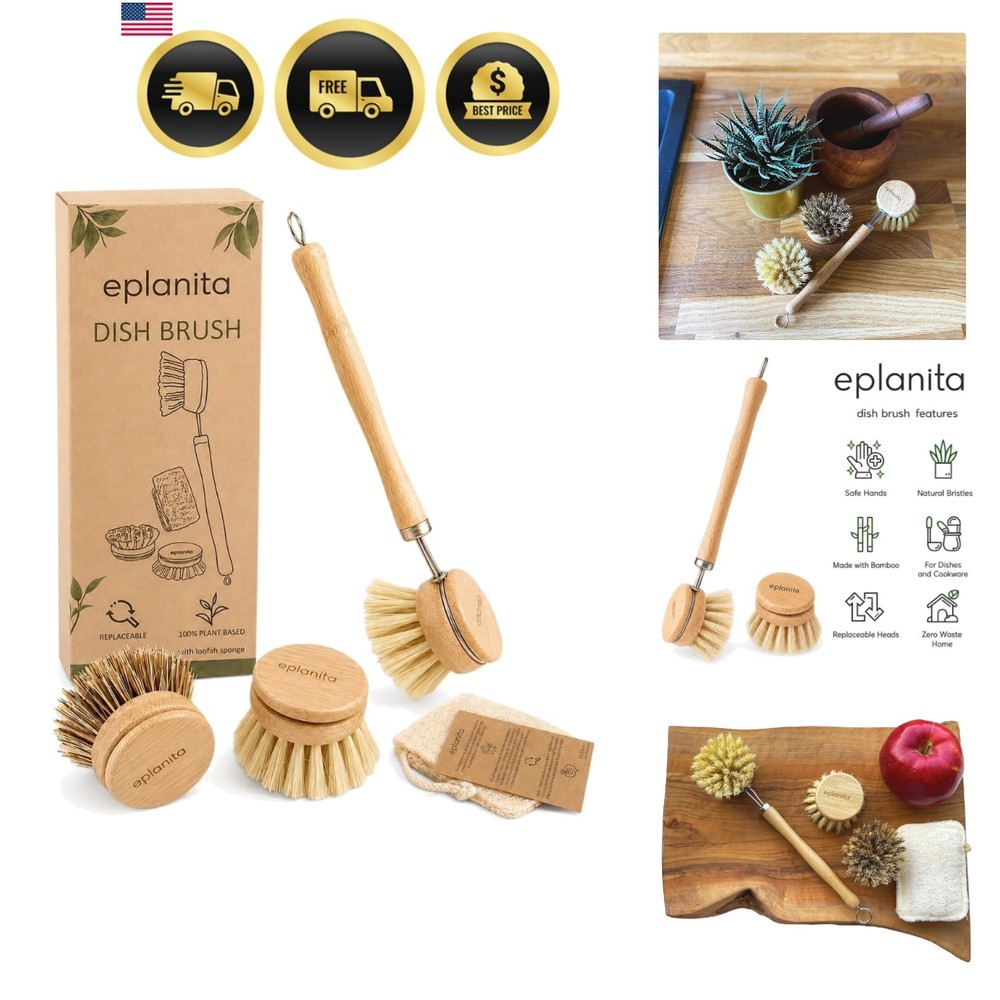 Natural Dish Brush, 3 Replacement Heads, Kitchen Eco Bamboo Scrubber Brushes,…