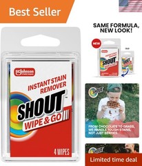 Portable Shout Wipe & Go Stain Remover – Safe for Colorfast Fabrics, 4 Wipes