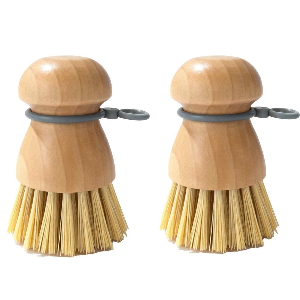 2 Pack Wooden Dish Brush, Compact Palm Dish Scrubber with Soft Rubber Hanging…