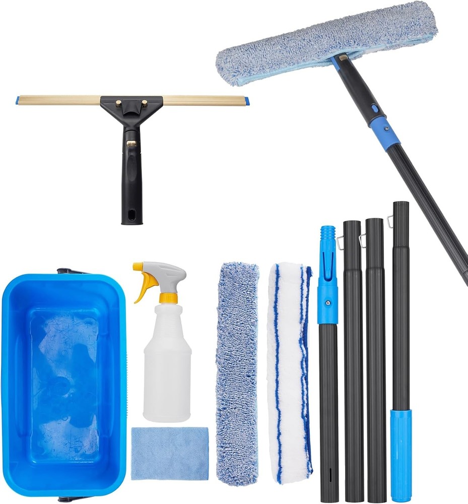 Window cleaning set with storage bucket, window squeegee with 4.13 ft. extension