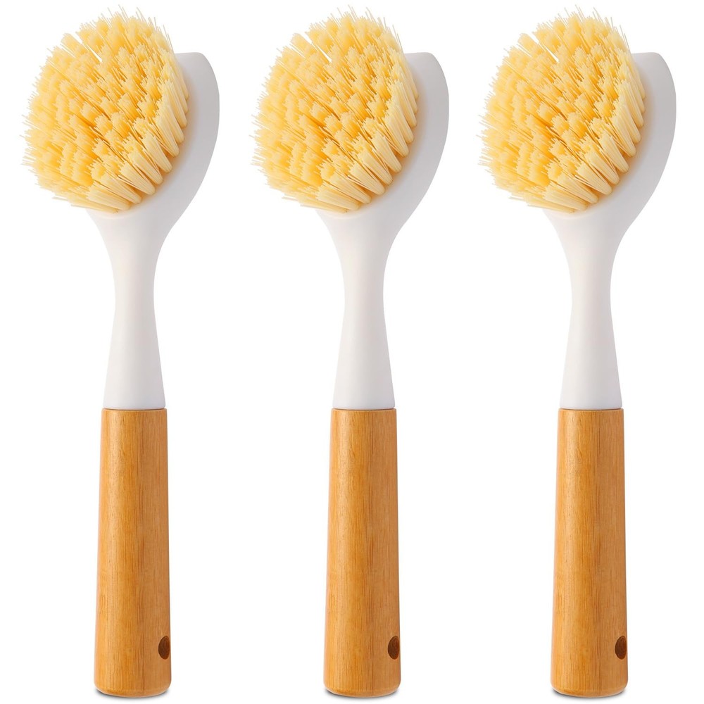 Cooptop 3 Pack Dish Brush Set with Bamboo Handle, Dish Scrubber Built-in Scra…
