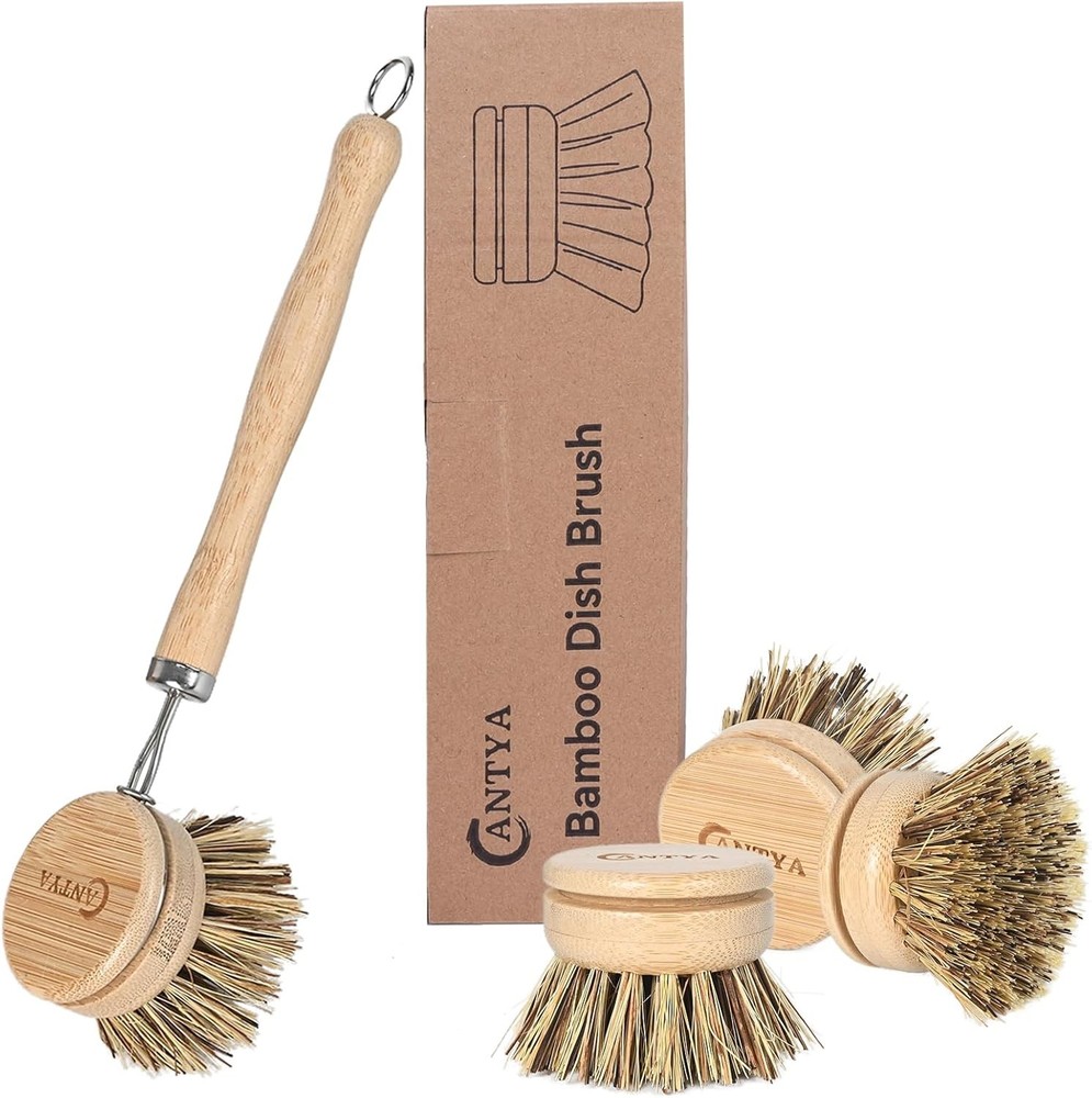 Bamboo Dish Scrubber with Handle – Hard Bristle, Natural Kitchen Brush