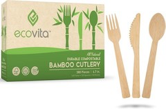 100% Bamboo Forks Spoons Knives Cutlery Combo Set – 380 Large Compostable Disp