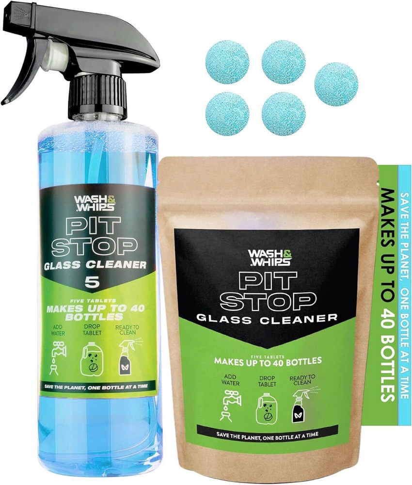 WASH&WHIPS Pit Stop Glass Cleaner, Blue / All Surface Cleaner Refill Tablets + B