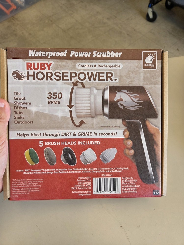Horsepower Scrubber, Waterproof, Electric Power, Spins 350 RPM, 5 Brush Heads.