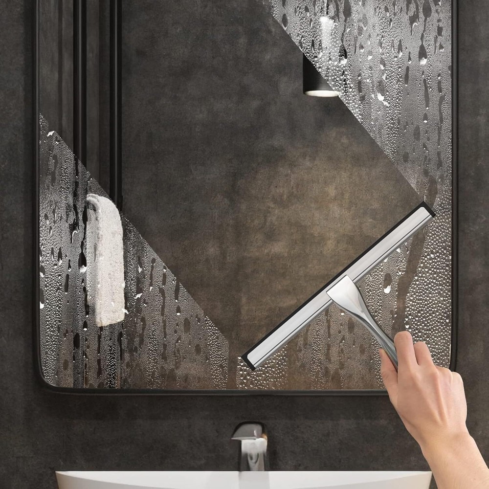 Shower Squeegee – Household, Car & Tile Cleaner 2 Adhesive Hooks, 10 Inch Silver