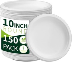 10 Inch Compostable Paper Plates??White 150 Pack??, 100% Sugarcane Bagasse Large