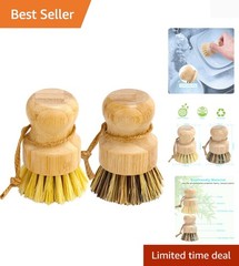 Bamboo Dish Brush Set, 2 Pcs Palm Wooden Dish Scrubber Brush, Dish Brushes, D…