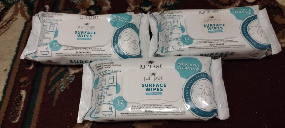 JUNIPER CLEAN MULTI-SURFACE FRESH BLEACH SCENT WIPES – 3 PACK – 72 COUNT EACH